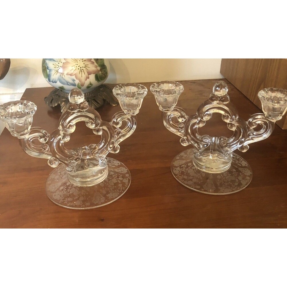 Vintage Set 1950s Cambridge Rose  Point Etched Fouled Candelabras